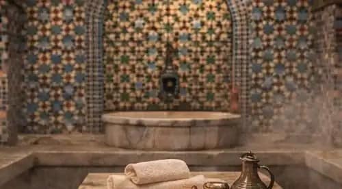 Traditional Moroccan hammam ritual at home in a Marrakech riad